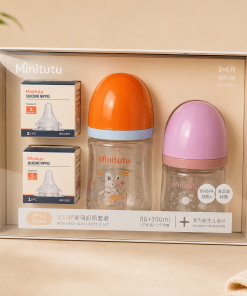 Minitutu Baby Glass Bottle Set with Silicone Nipples | BPA Free Feeding Bottles