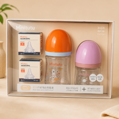 Minitutu Baby Glass Bottle Set with Silicone Nipples | BPA Free Feeding Bottles